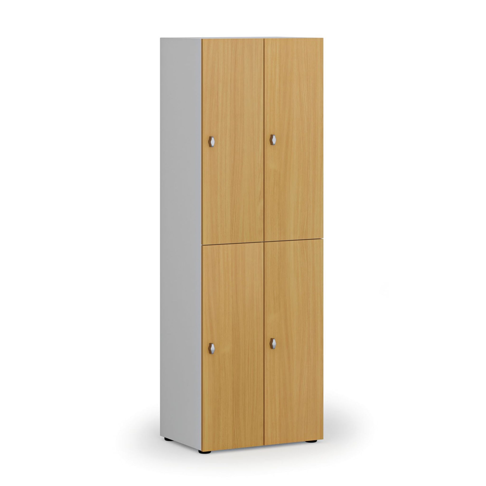 Drevená šatníková skrinka S4 s úložnými boxmi, 4 boxy, demont, otočný zámok, sivá/buk