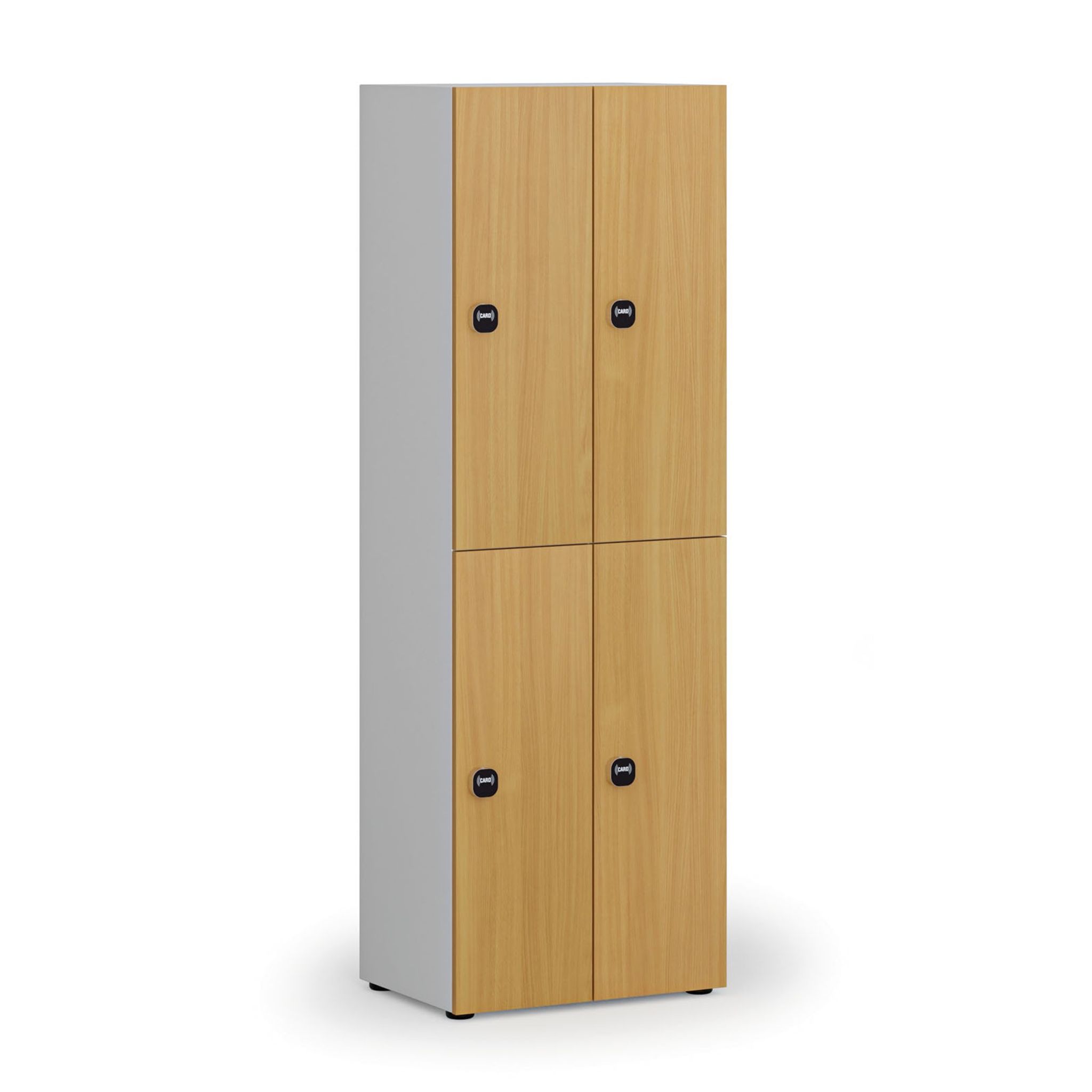 Drevená šatníková skrinka S4 s úložnými boxmi, 4 boxy, demont, RFID zámok, sivá/buk