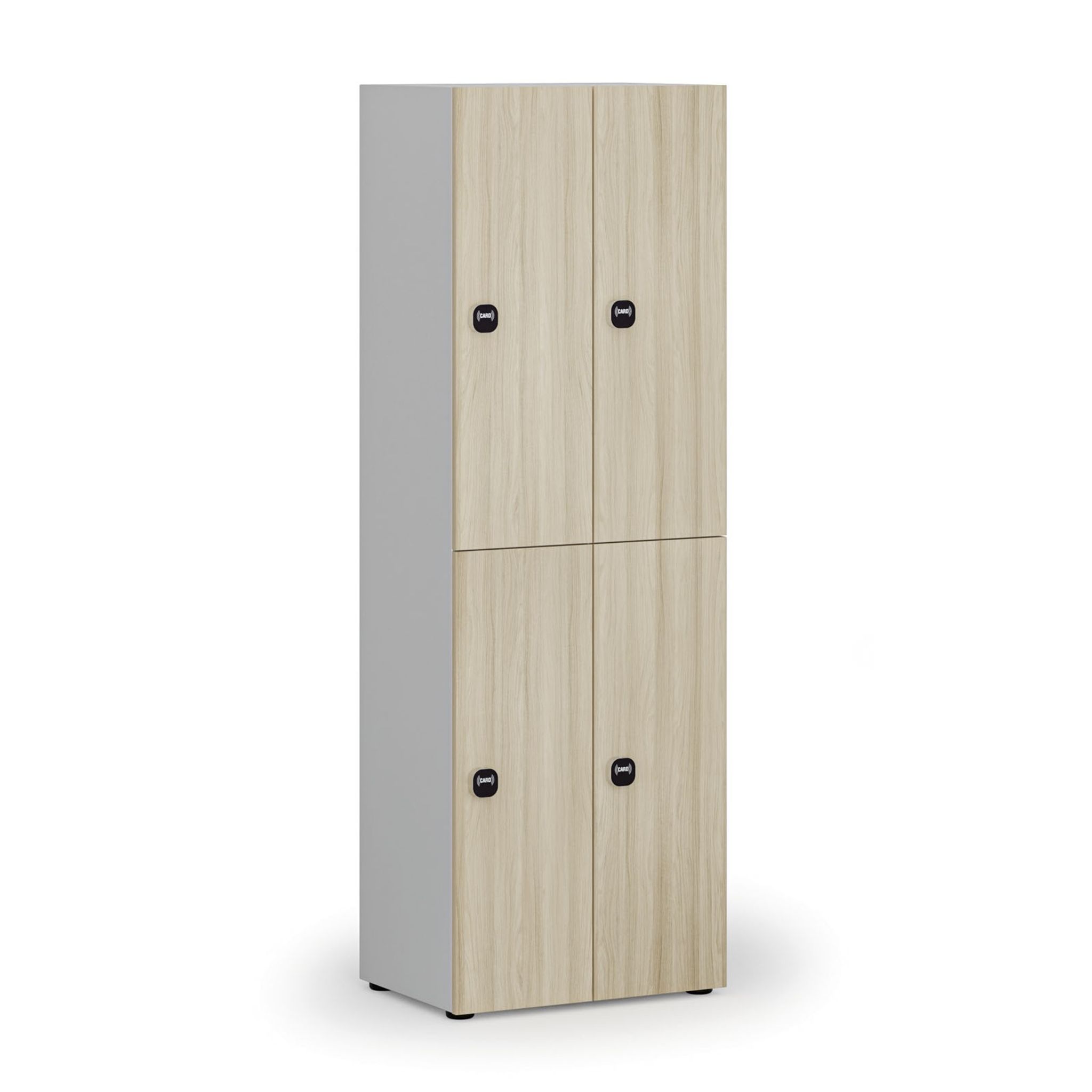 Drevená šatníková skrinka S4 s úložnými boxmi, 4 boxy, demont, RFID zámok, sivá/dub prírodný