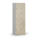 Drevená šatníková skrinka S4 s úložnými boxmi, 6 boxov, demont, otočný zámok, sivá/dub prírodný