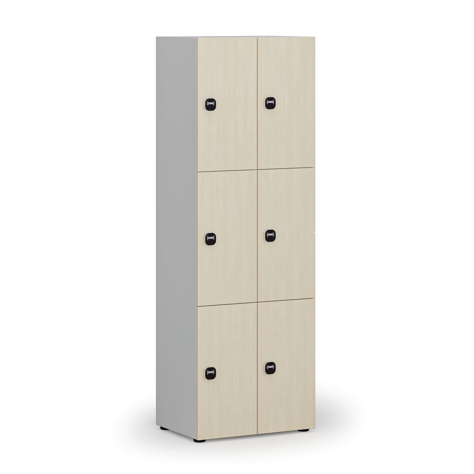 Fotografia produktu: Drevená šatníková skrinka S4 s úložnými boxmi, 6 boxov, demont, RFID zámok, sivá/breza