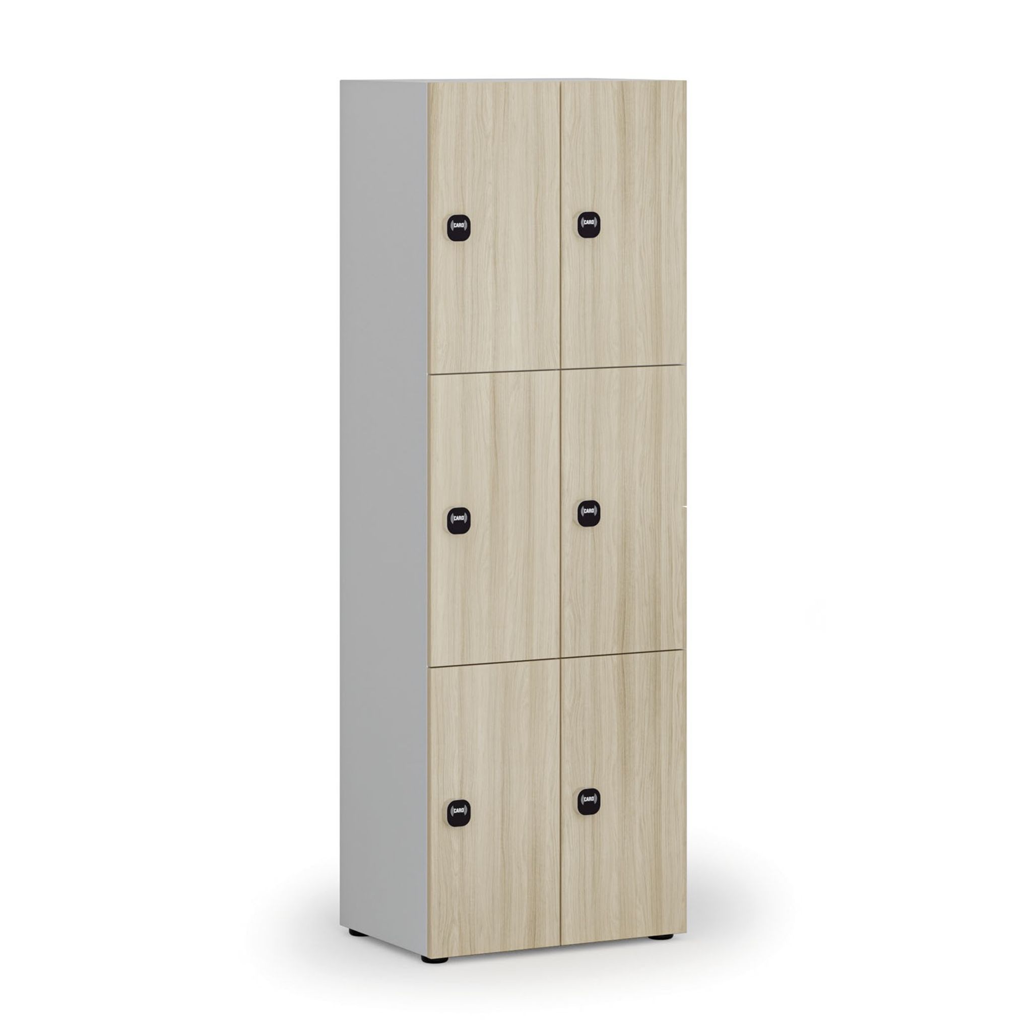 Drevená šatníková skrinka S4 s úložnými boxmi, 6 boxov, demont, RFID zámok, sivá/dub prírodný