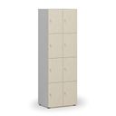 Drevená šatníková skrinka S4 s úložnými boxmi, 8 boxov, demont, cylindrický zámok, sivá/breza