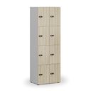 Drevená šatníková skrinka S4 s úložnými boxmi, 8 boxov, demont, mechanický kódový zámok, sivá/dub prírodný