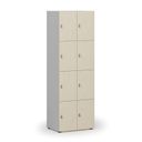 Drevená šatníková skrinka S4 s úložnými boxmi, 8 boxov, demont, otočný zámok, sivá/breza