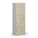 Drevená šatníková skrinka S4 s úložnými boxmi, 8 boxov, demont, otočný zámok, sivá/dub prírodný