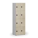 Drevená šatníková skrinka S4 s úložnými boxmi, 8 boxov, demont, RFID zámok, sivá/dub prírodný