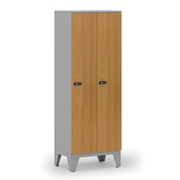 Drewniana szafa ubraniowa, obniżona, 2-drzwiowa, 1660 x 600 x 400 mm, zamek mechaniczny z kodem, szary/buk