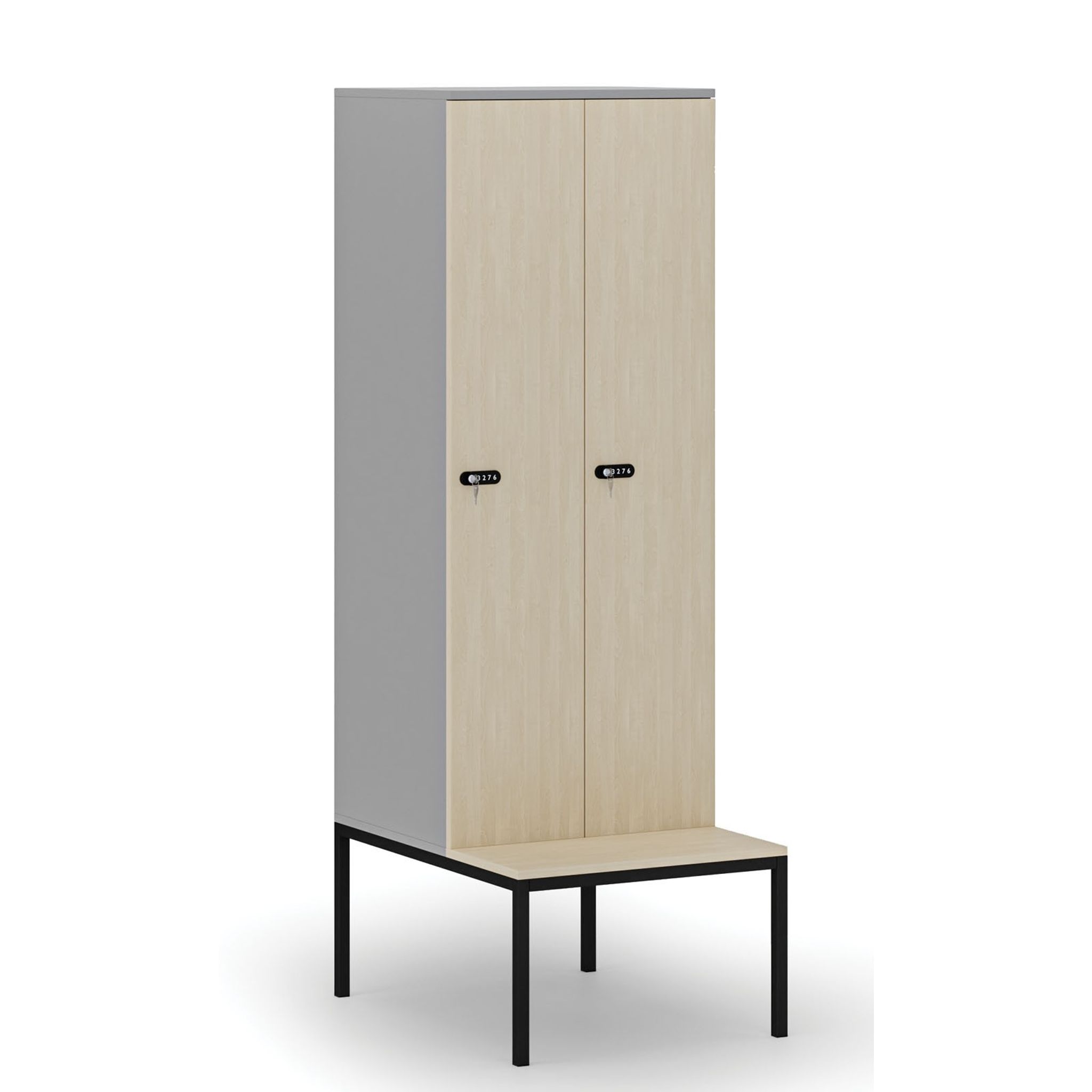 Drewniana szafa ubraniowa S4 z ławką, 2-drzwiowa, 1871 x 600 x 500/800 mm, demontaż, zamek mechaniczny z kodem