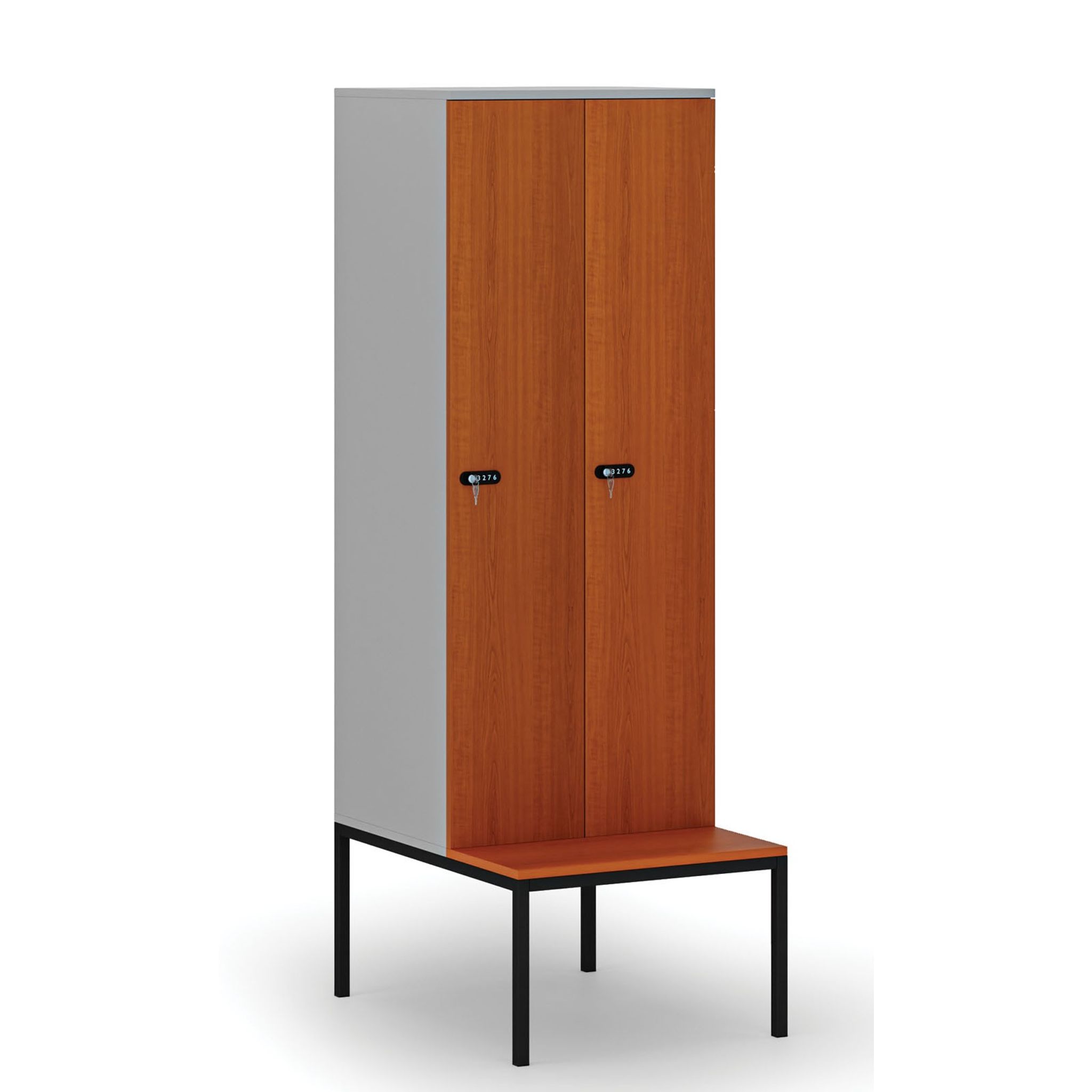 Drewniana szafa ubraniowa S4 z ławką, 2-drzwiowa, 1871 x 600 x 500/800 mm, demontaż, zamek mechaniczny z kodem, szary/czereśnia