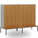 Drewniana szafa ubraniowa S4 z ławką, 4-drzwiowa, 1871 x 1200 x 500/800 mm, demontaż, zamek cylindryczny, szary/niebieski