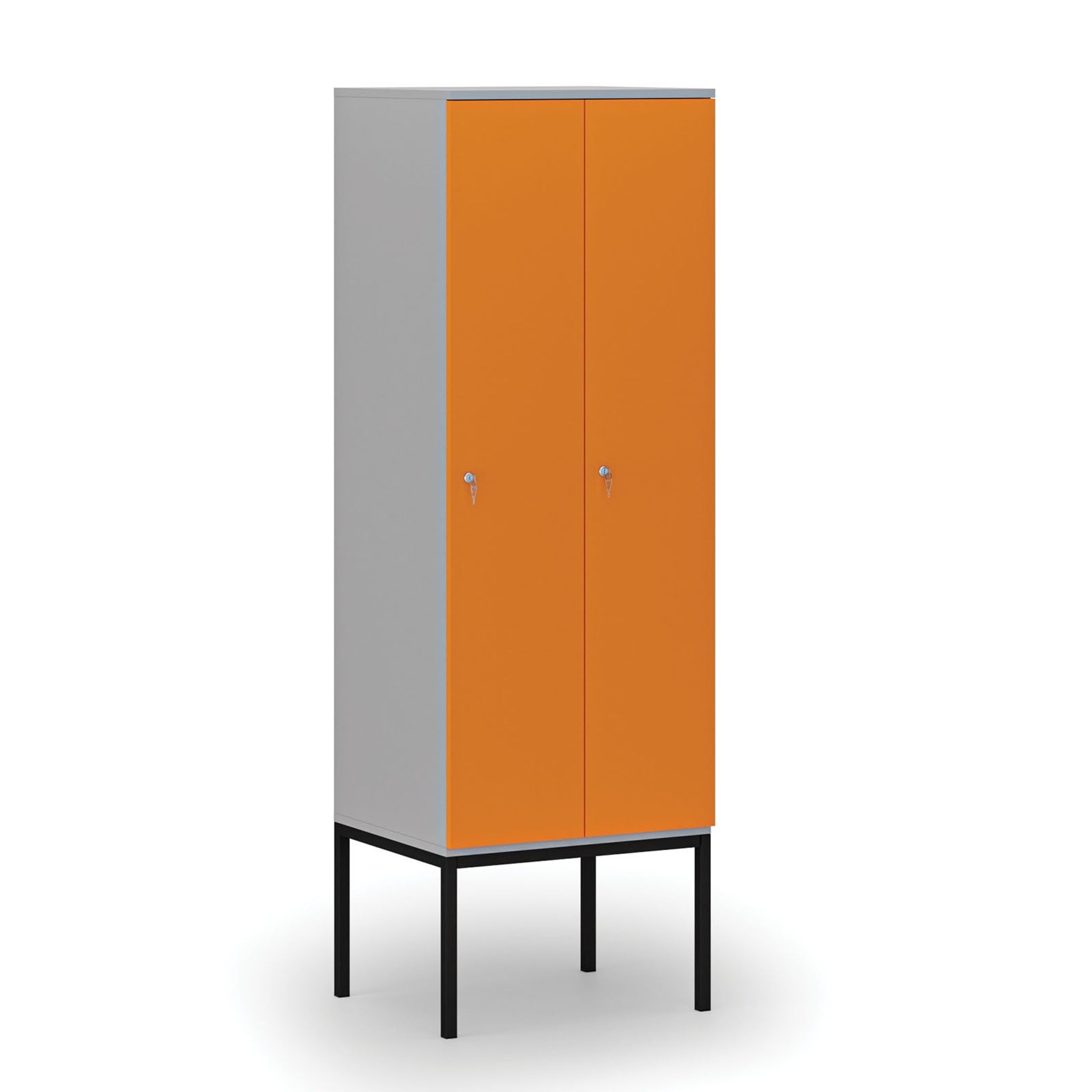 Drewniana szafa ubraniowa S4 z podstawą, 2-drzwiowa, 1871 x 600 x 500 mm, demontaż, zamek cylindryczny, szary/pomarańczowy