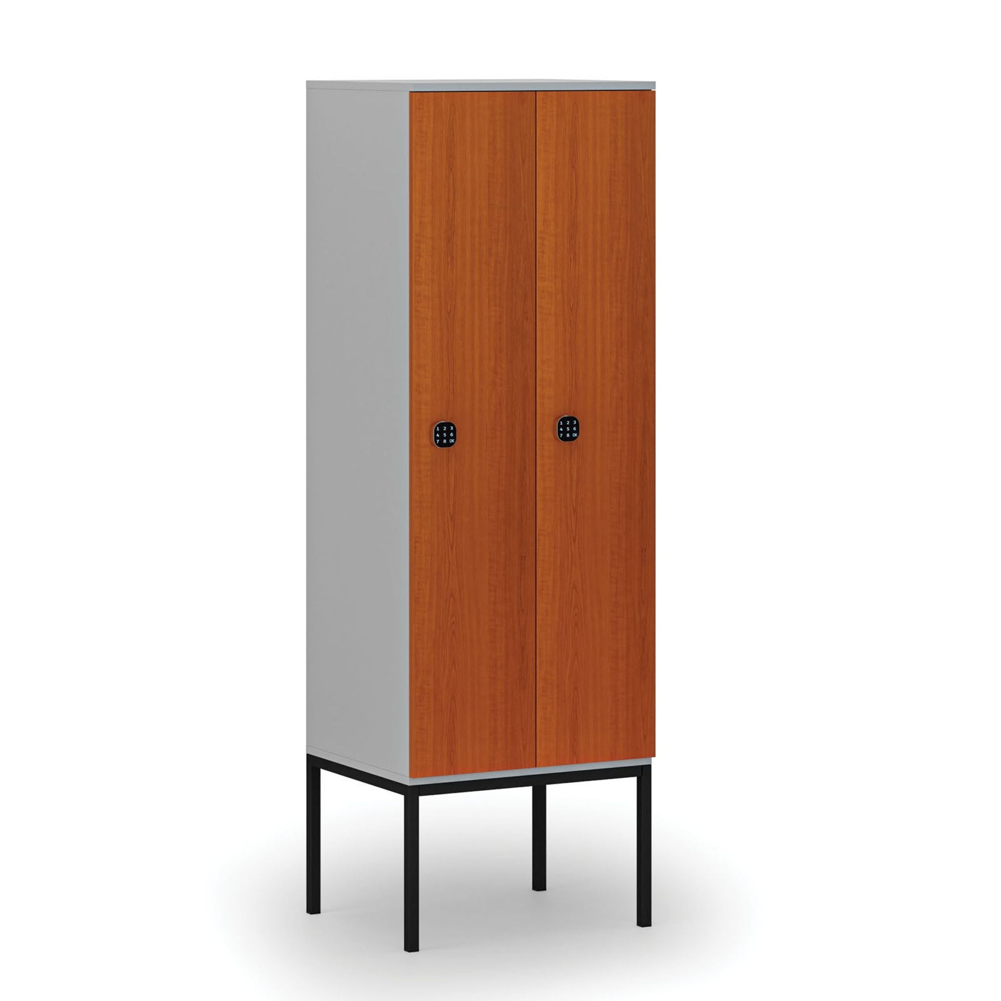 Drewniana szafa ubraniowa S4 z podstawą, 2-drzwiowa, 1871 x 600 x 500 mm, demontaż, zamek kodowy, szary/czereśnia