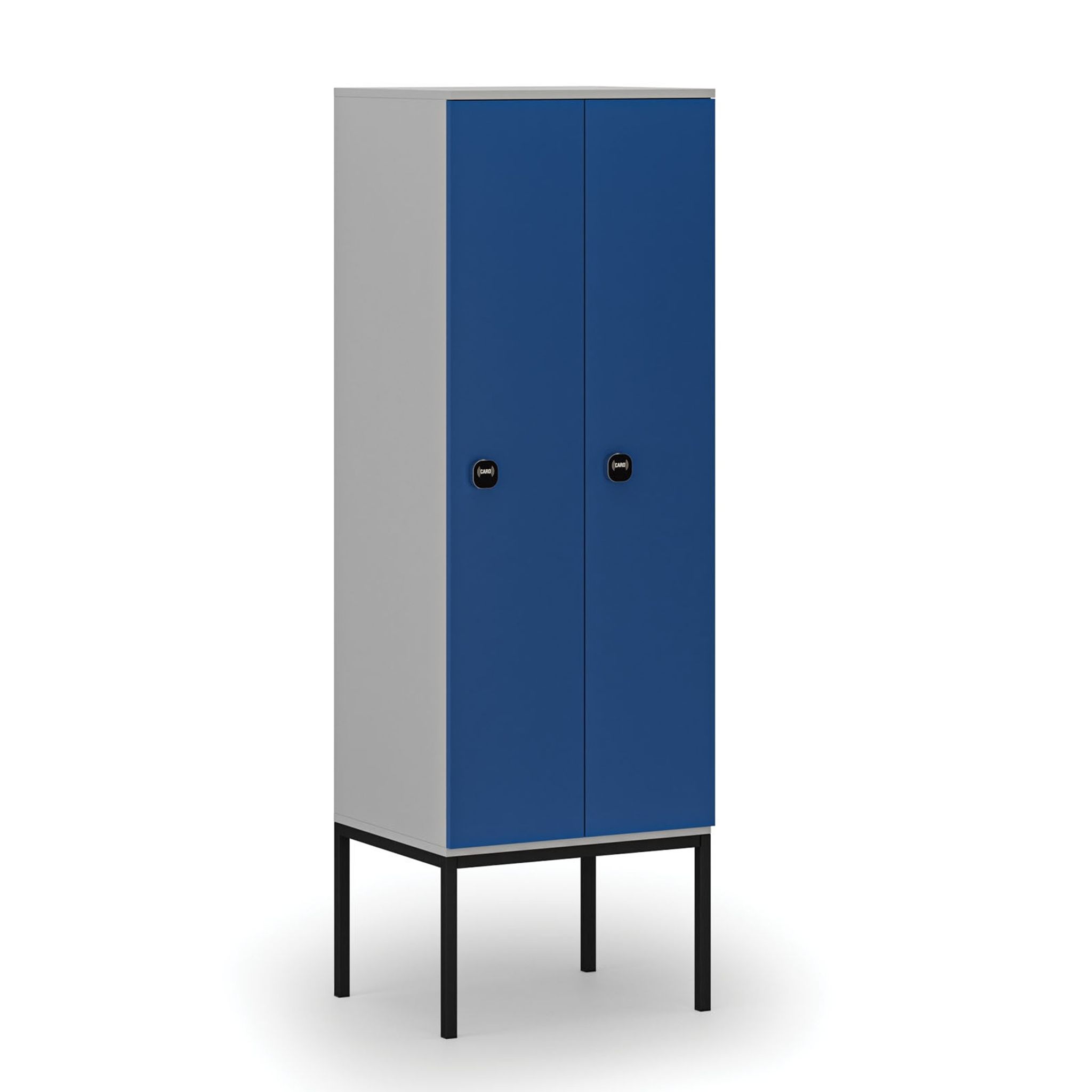 Drewniana szafa ubraniowa S4 z podstawą, 2-drzwiowa, 1871 x 600 x 500 mm, demontaż, zamek RFID, szary/niebieski