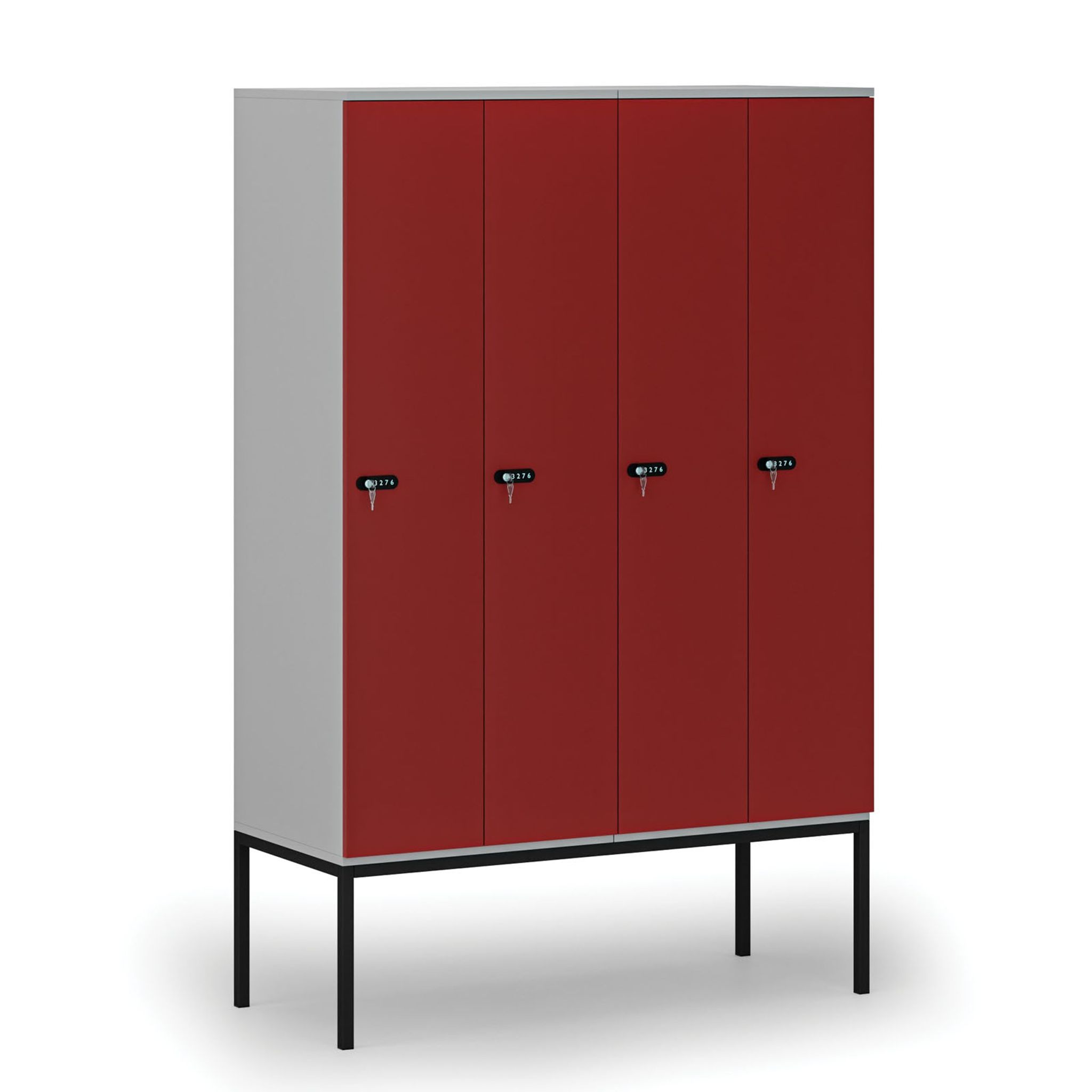 Drewniana szafa ubraniowa S4 z podstawą, 4-drzwiowa, 1871 x 1200 x 500 mm, demontaż, zamek mechaniczny z kodem, szary/czerwony