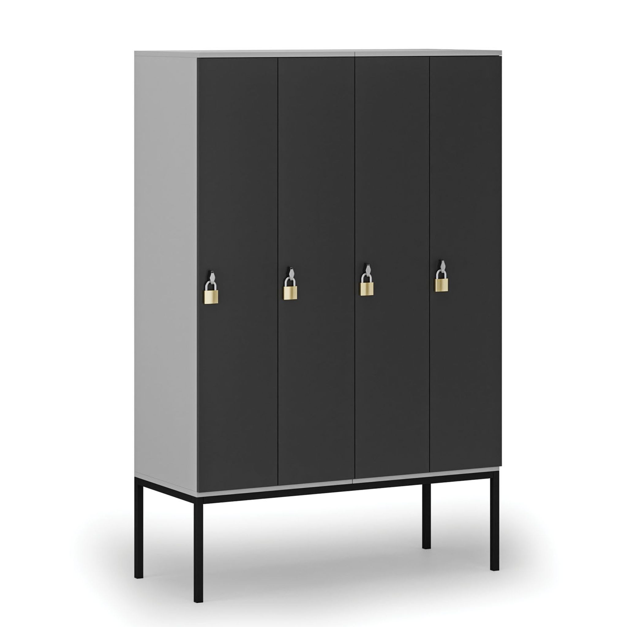 Drewniana szafa ubraniowa S4 z podstawą, 4-drzwiowa, 1871 x 1200 x 500 mm, demontaż, zamek obrotowy, szary/grafitowy