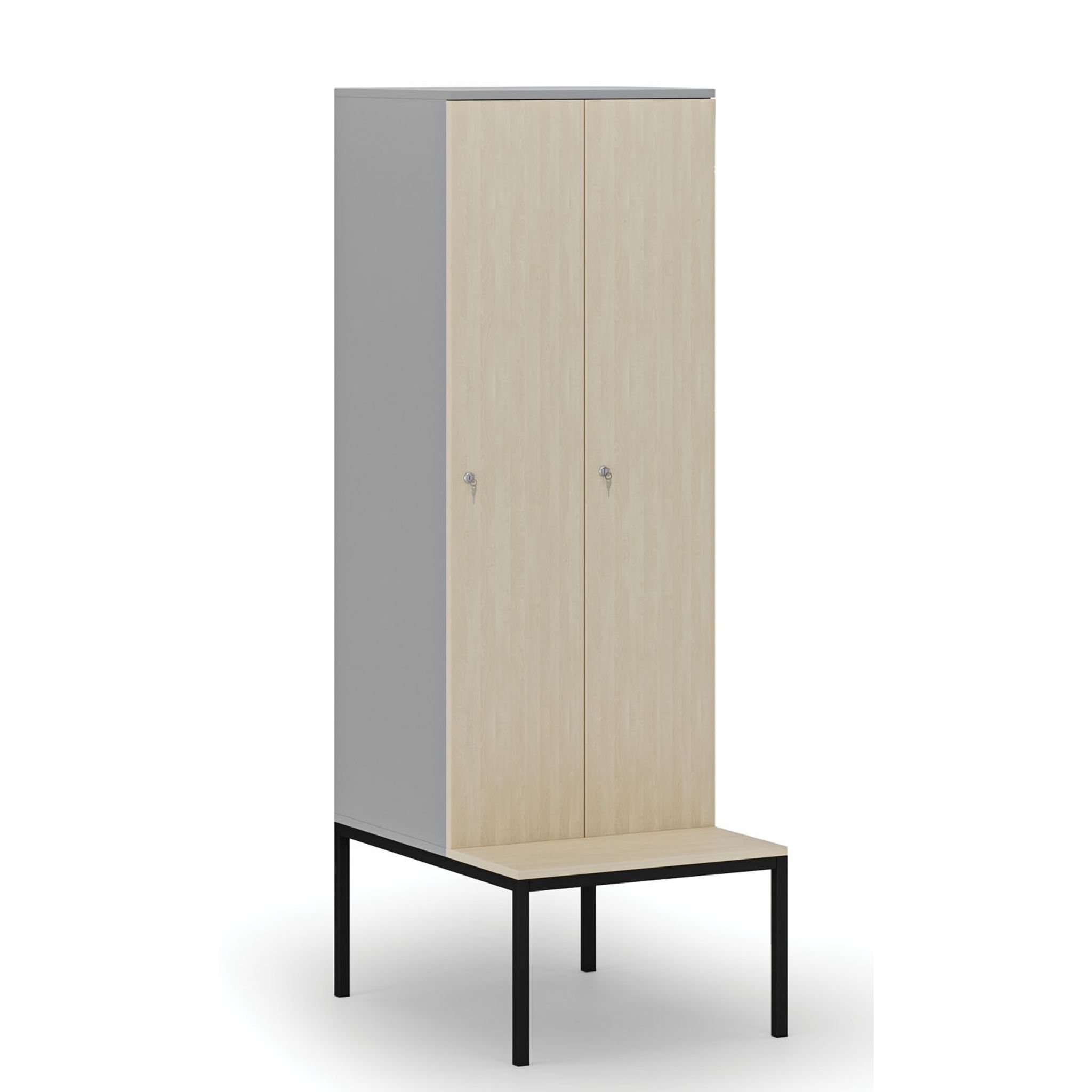 Drewniana szafa ubraniowa z ławką, 2-drzwiowa, 1871 x 600 x 500/800 mm, demontaż, zamek cylindryczny