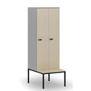 Drewniana szafa ubraniowa z ławką, 2-drzwiowa, 1871 x 600 x 500/800 mm, demontaż, zamek mechaniczny z kodem, szary/brzoza