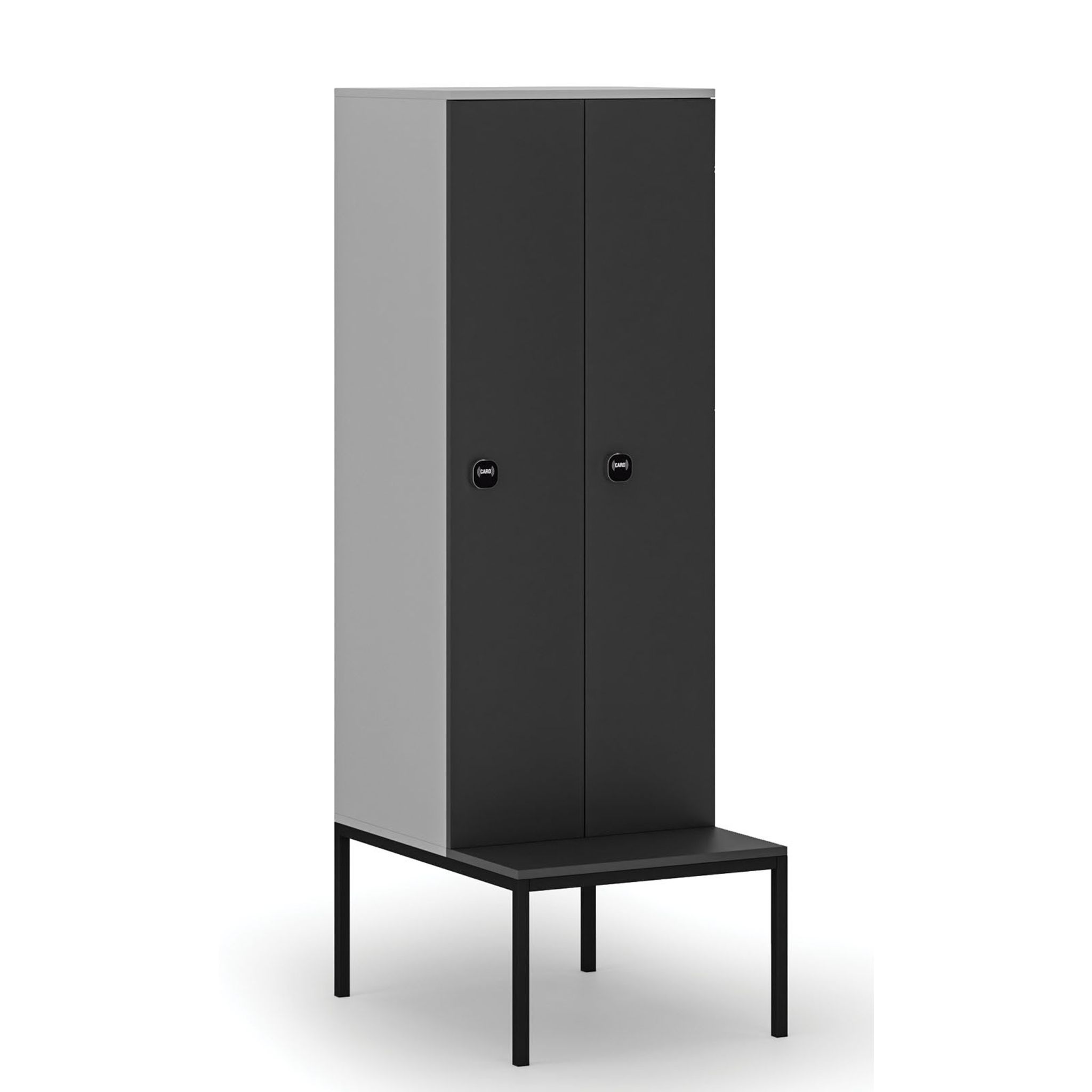 Drewniana szafa ubraniowa z ławką, 2-drzwiowa, 1871 x 600 x 500/800 mm, zamek RFID, szary/grafitowy