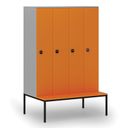 Drewniana szafa ubraniowa z ławką, 4-drzwiowa, 1871 x 1200 x 500/800 mm, zamek RFID, szary/pomarańczowy