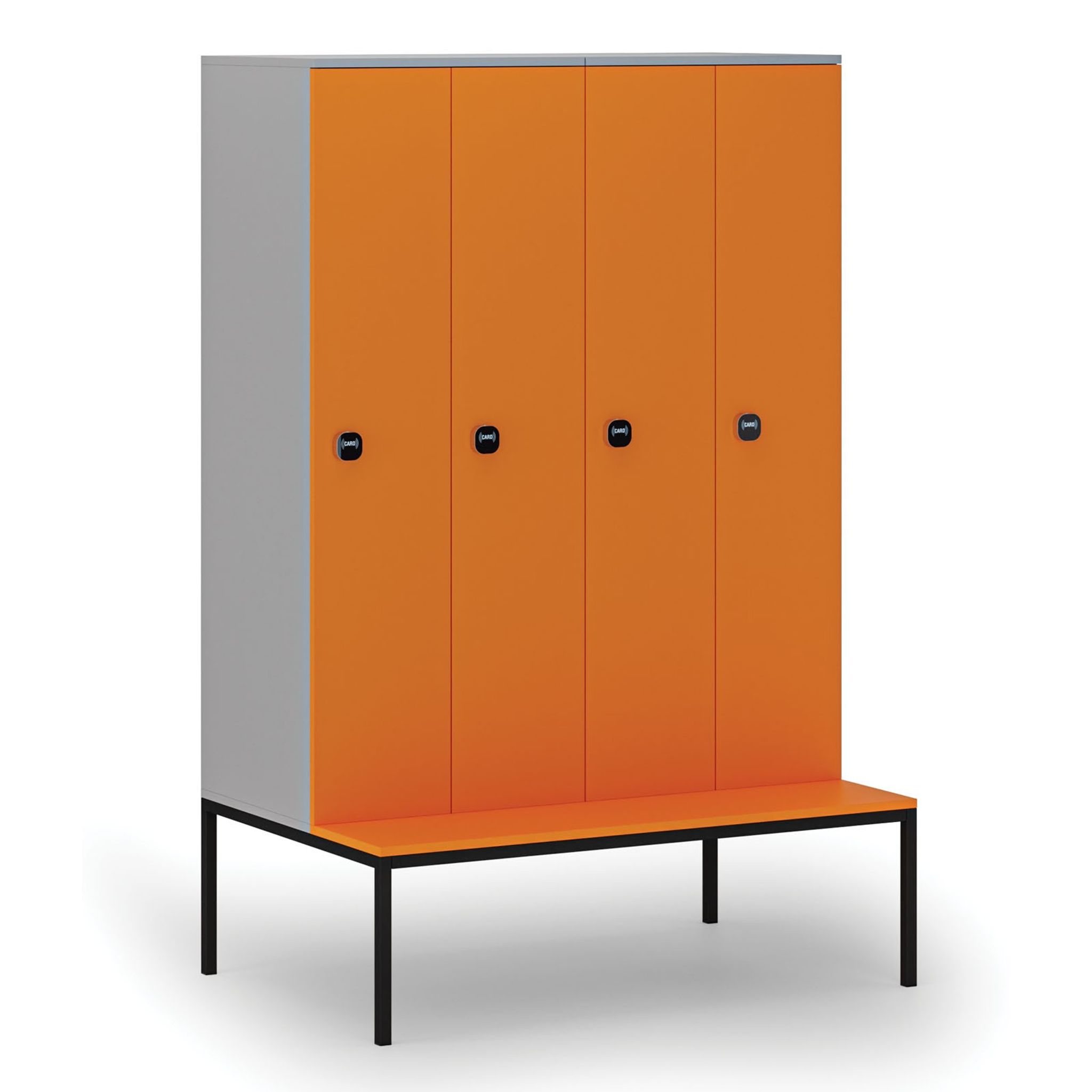 Drewniana szafa ubraniowa z ławką, 4-drzwiowa, 1871 x 1200 x 500/800 mm, zamek RFID, szary/pomarańczowy
