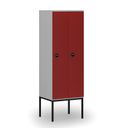 Drewniana szafa ubraniowa z podstawą, 2-drzwiowa, 1871 x 600 x 500 mm, zamek RFID, szary/czerwony