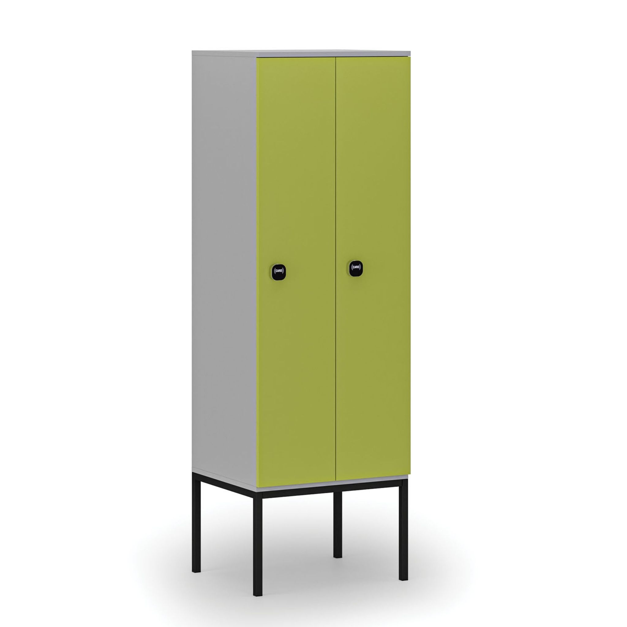 Drewniana szafa ubraniowa z podstawą, 2-drzwiowa, 1871 x 600 x 500 mm, zamek RFID, szary/zielony