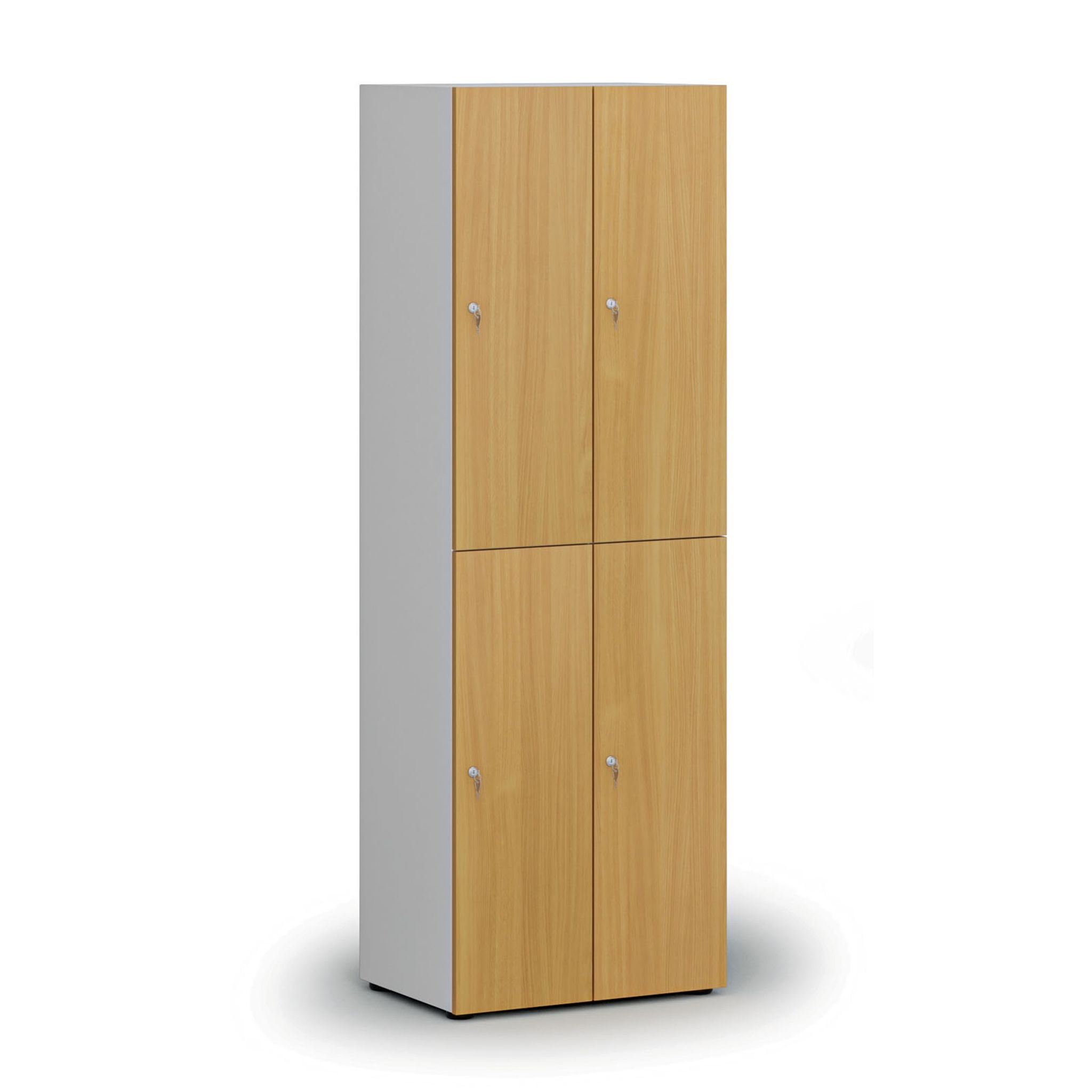 Drewniana szafka skrytkowa S4, 4 schowki, demontaż, zamek cylindryczny, szary/buk