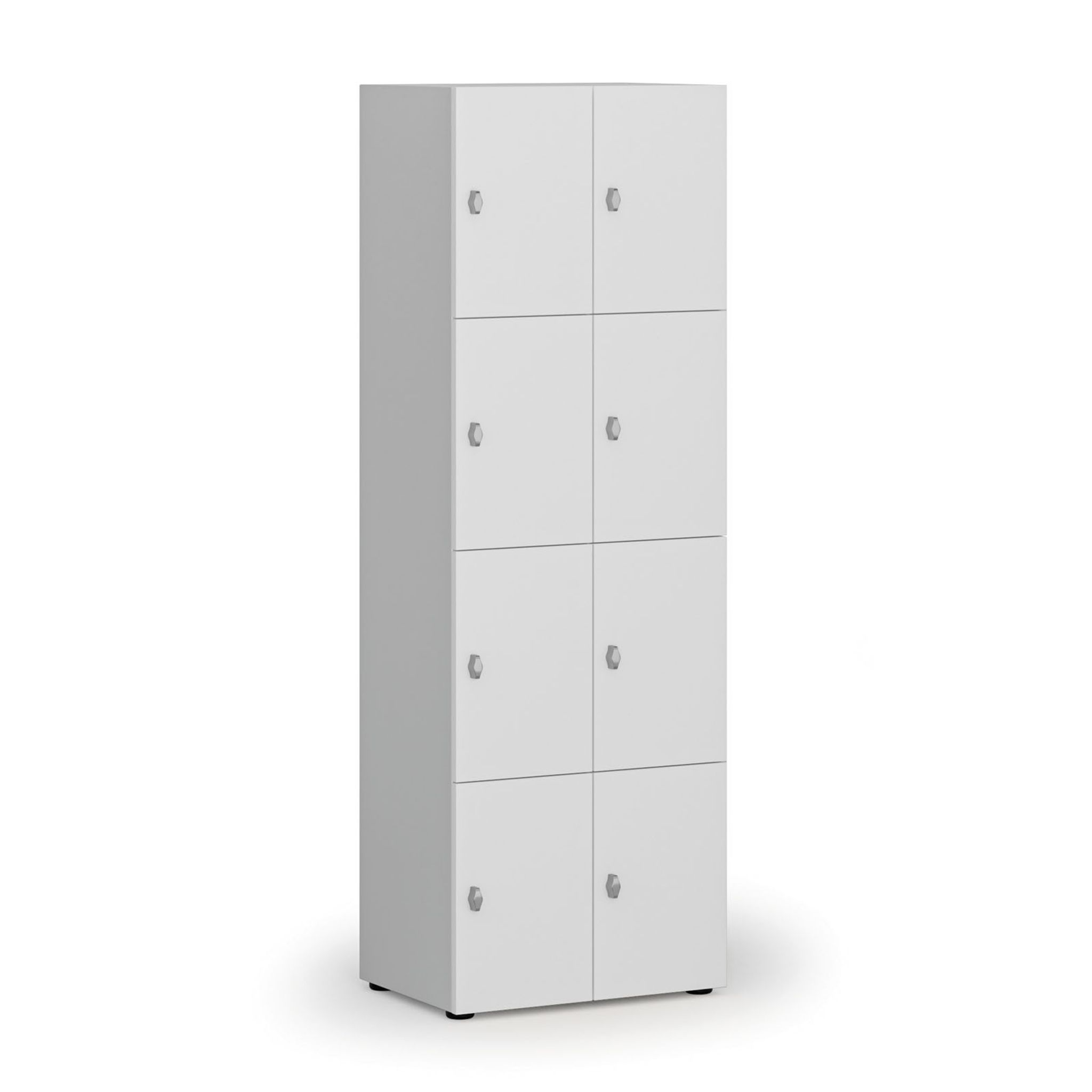 Drewniana szafka skrytkowa S4, 8 schowków, demontaż, zamek obrotowy, szary/biały