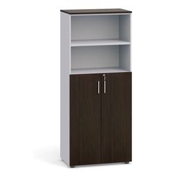 Dvoudveřová kombinovaná kancelářská skříň PRIMO 2023, dveře na 3 patra, 800 x 420 x 1781 mm, šedá / wenge