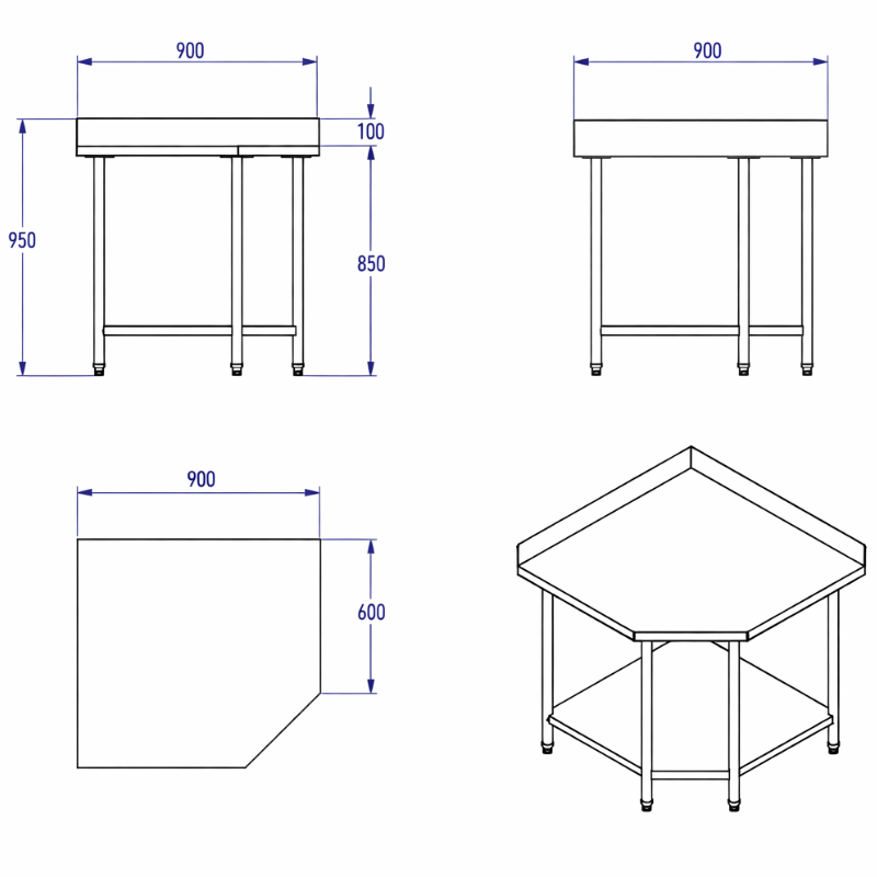 B2B Partner Edelstahl Ecktisch, 900 x 600 x 850 mm 2
