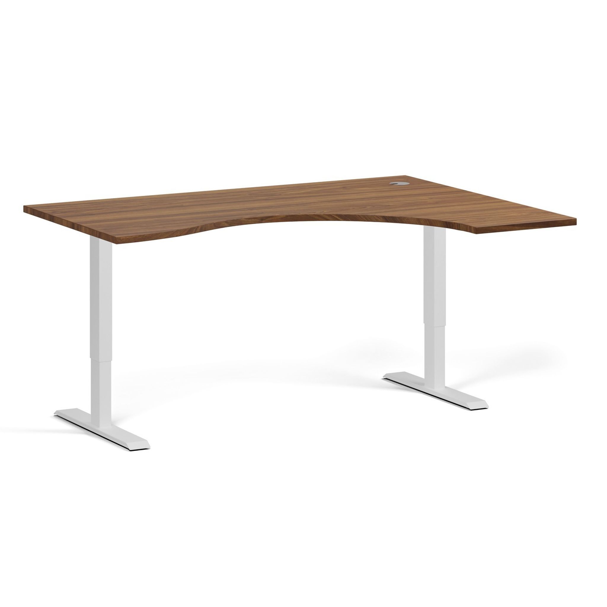 Ergonomický výškově nastavitelný stůl, 160x120 cm, 1 motor, L/P, bílá podnož, ořech