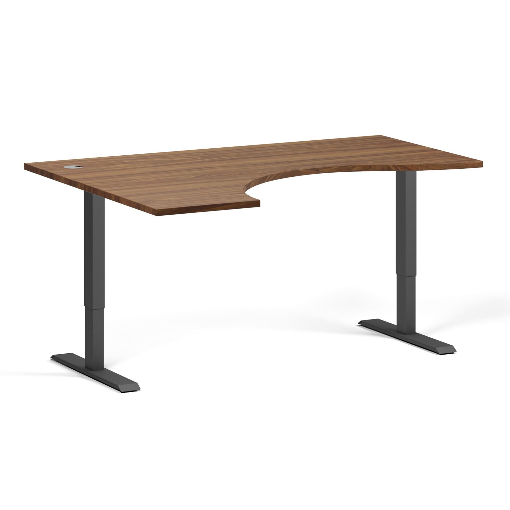 Ergonomický výškově nastavitelný stůl, 160x120 cm, 1 motor, L/P, černá podnož, ořech
