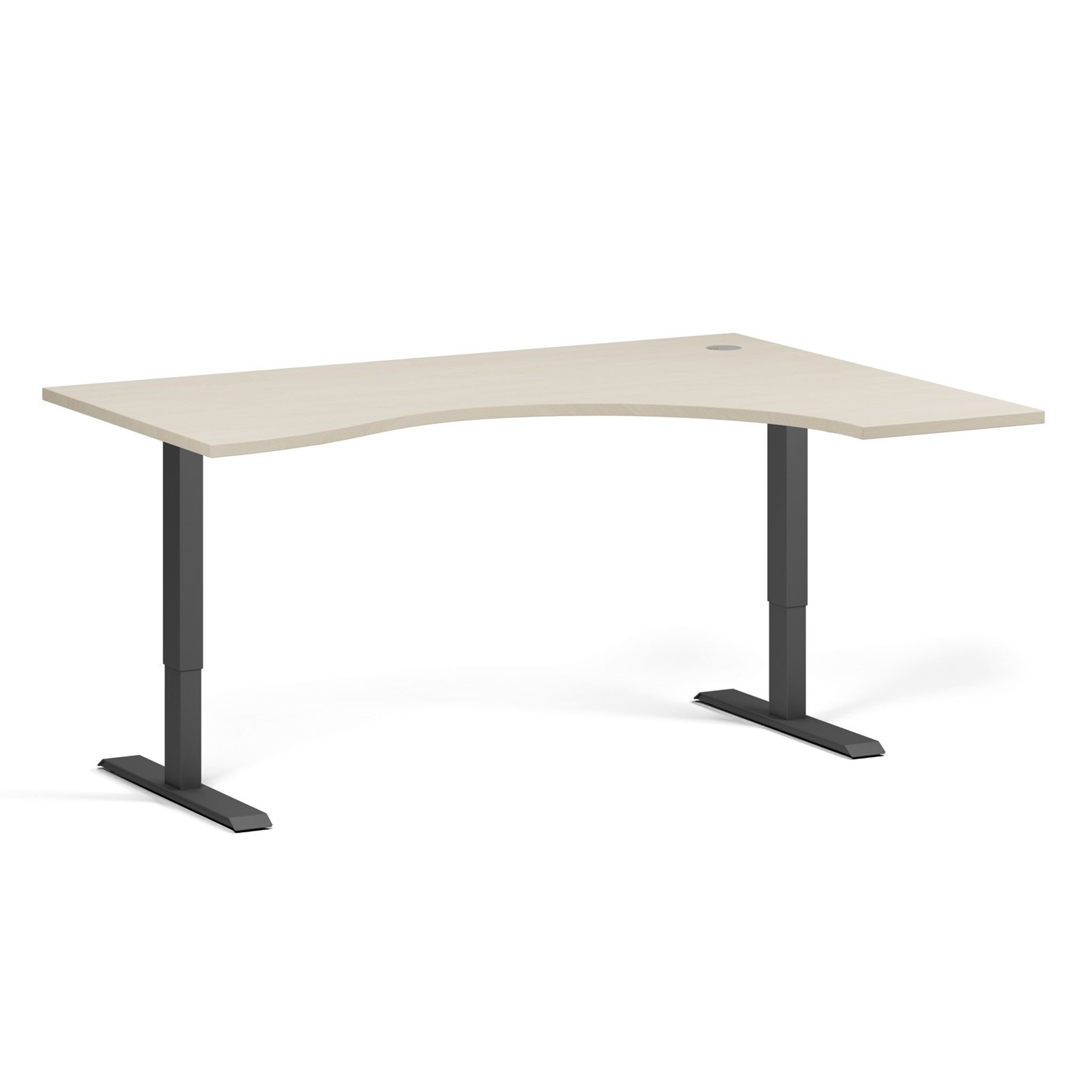 Ergonomický výškově nastavitelný stůl. 160x120 cm, 2 motory, L/P, černá podnož, bříza