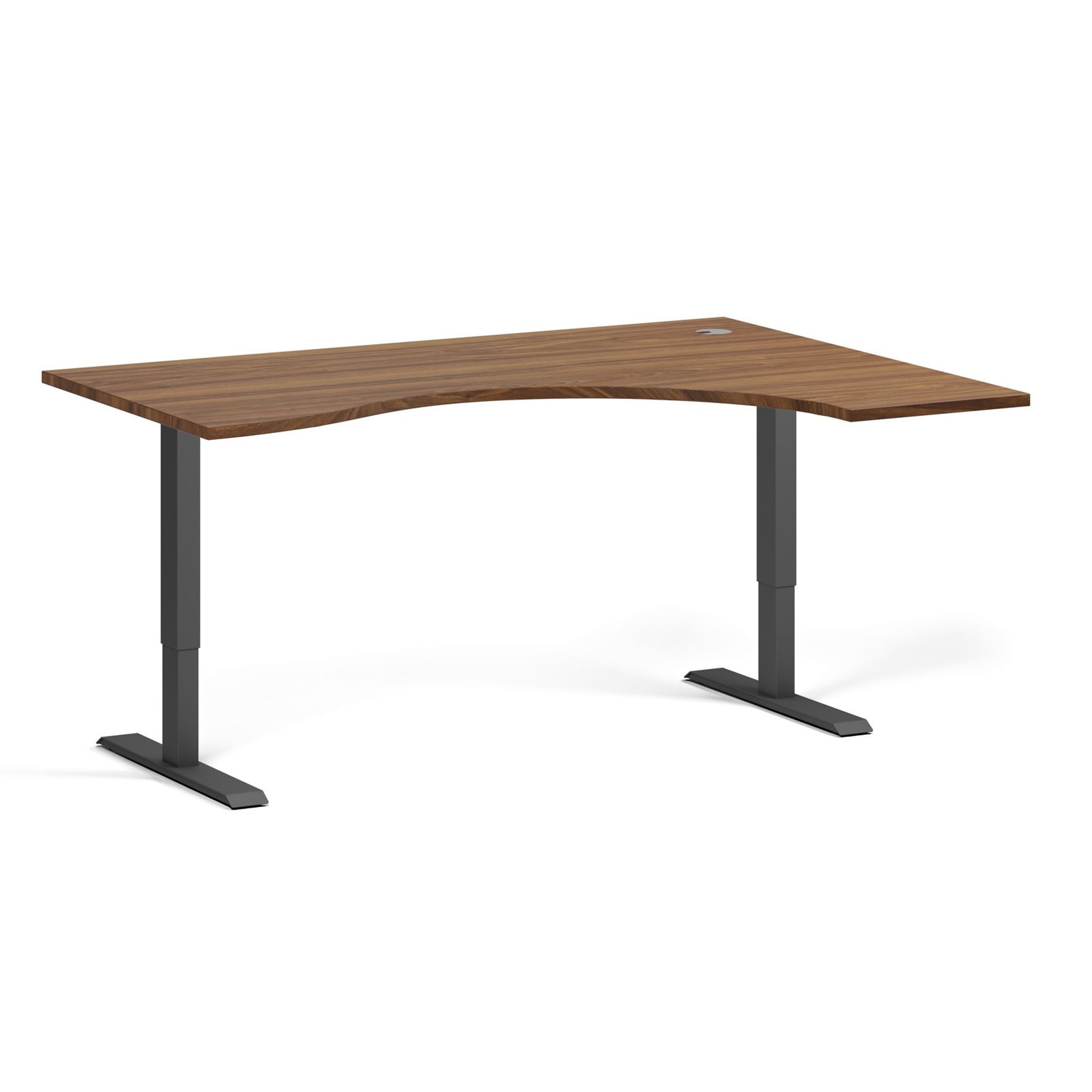 Ergonomický výškově nastavitelný stůl. 160x120 cm, 2 motory, L/P, černá podnož, ořech