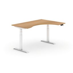 Ergonomický výškově nastavitelný stůl, 160x120 cm, pravý, bílá podnož, buk
