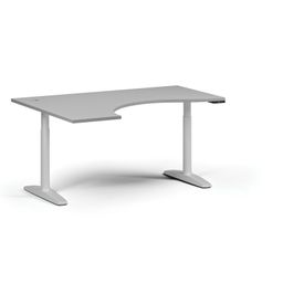 Ergonomický výškově nastavitelný stůl OBOL, 160x120 cm, 2 motory, levý, bílá zaoblená podnož, šedá