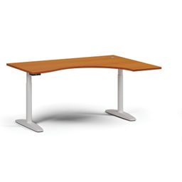 Ergonomický výškově nastavitelný stůl OBOL, 160x120 cm, 2 motory, pravý, bílá zaoblená podnož, třešeň