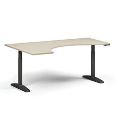 Ergonomický výškově nastavitelný stůl OBOL, 180x120 cm, 2 motory, levý, černá zaoblená podnož, bříza