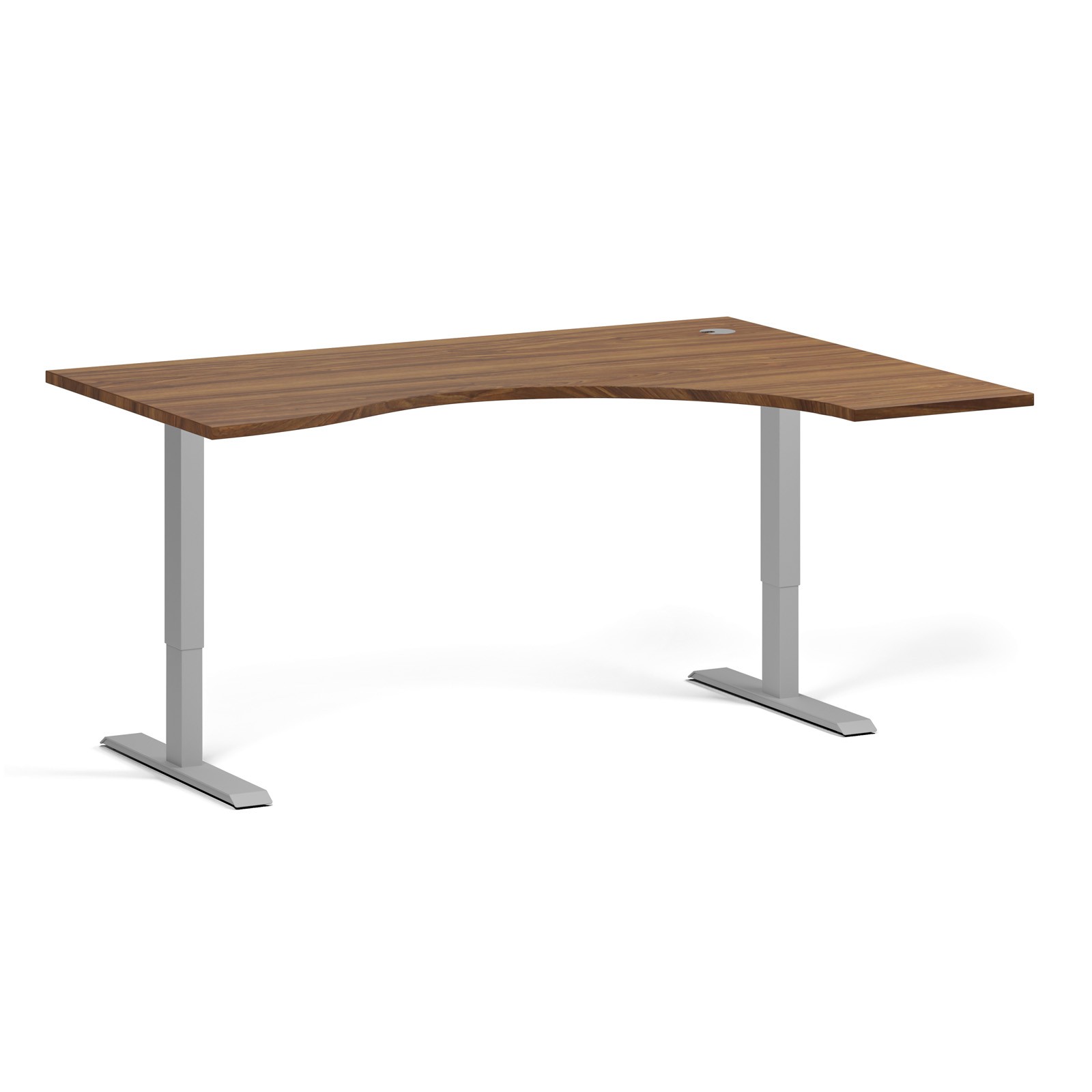 Fotografia produktu: Ergonomický výškovo nastaviteľný stôl, 160x120 cm, 2 motory, L/P, sivá podnož, orech
