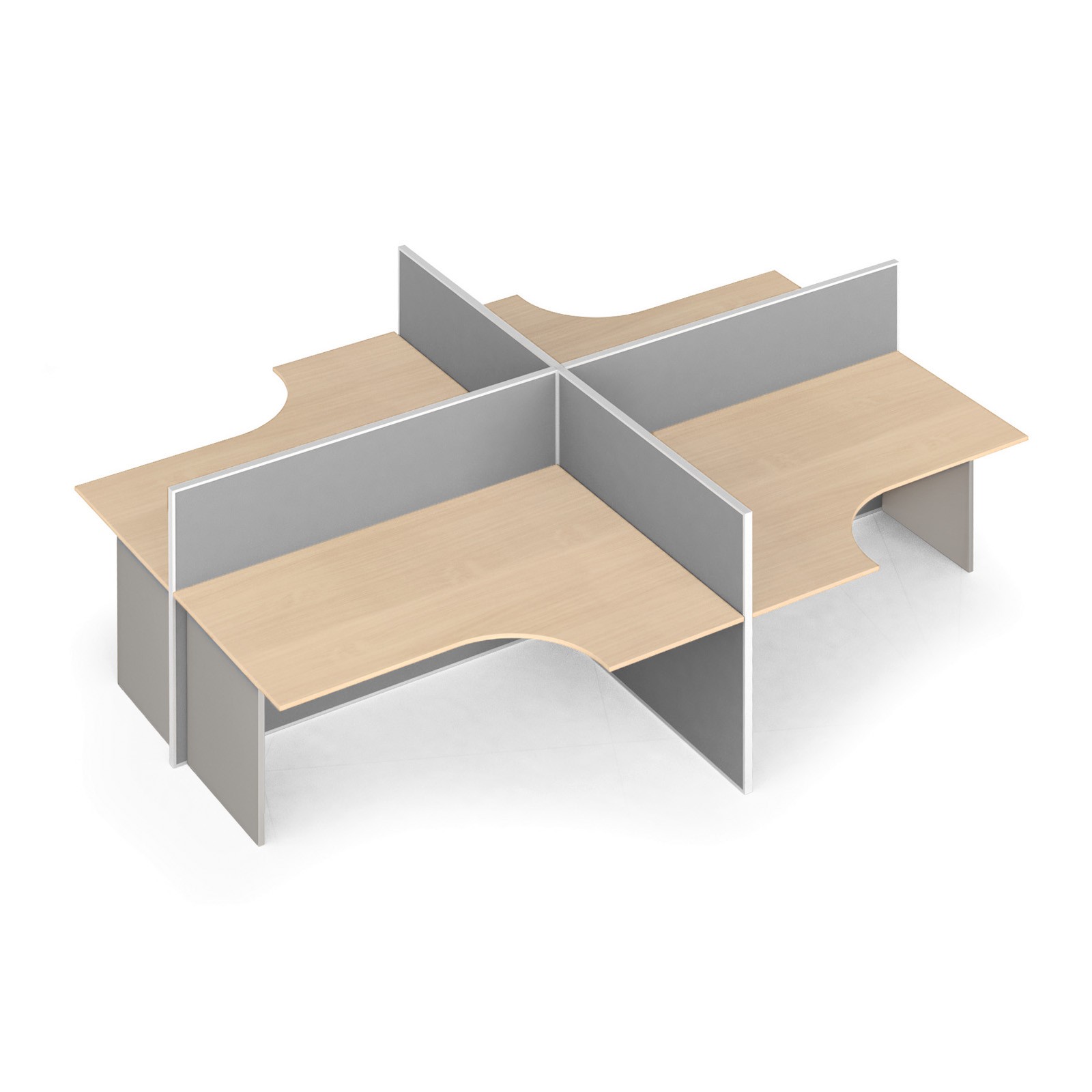B2B Partner Ergonomischer Eckschreibtisch mit Magnettafel-Trennwänden, 4 Plätze, grau/Birke