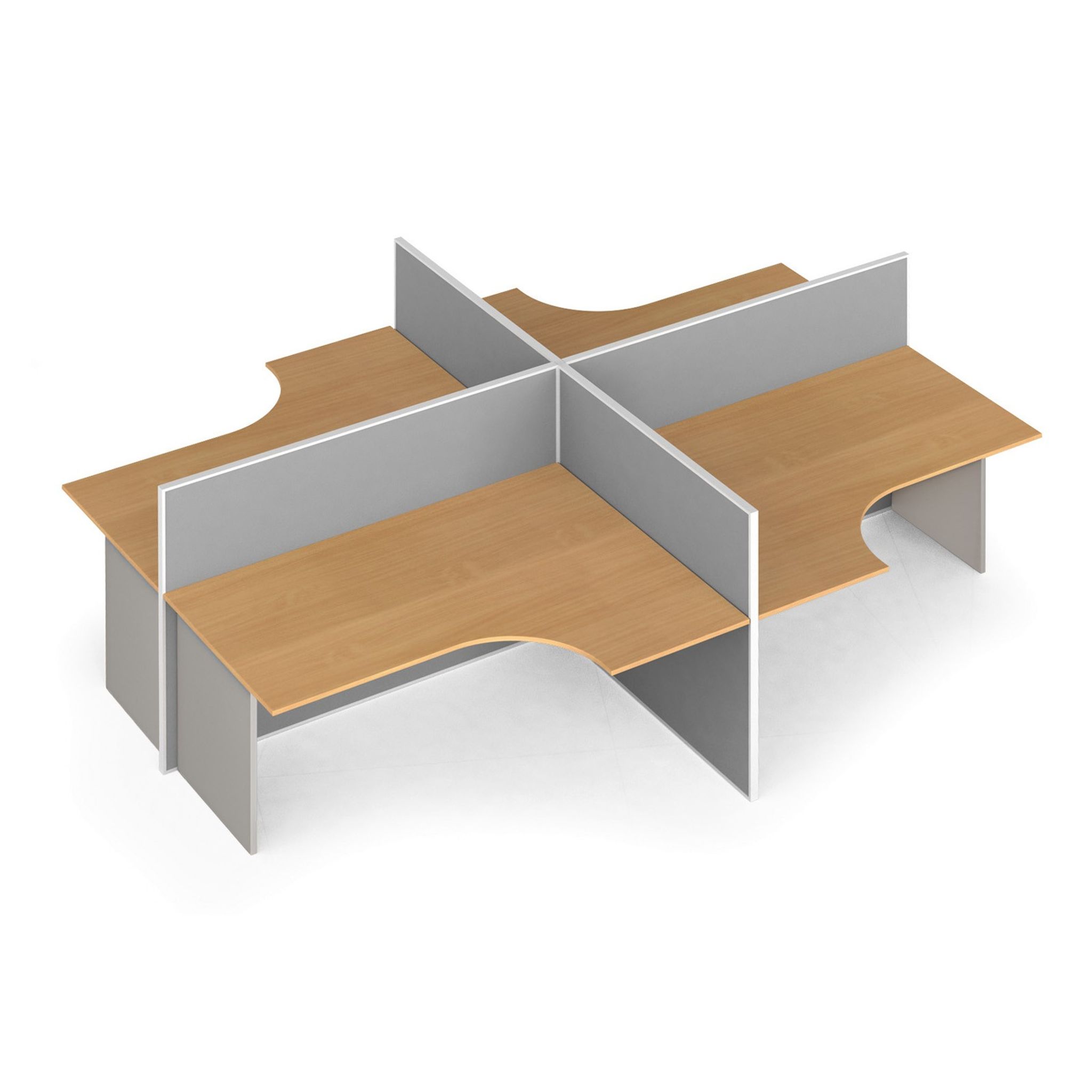 Ergonomischer Eckschreibtisch mit Magnettafel-Trennwänden, 4 Plätze, grau/Buche