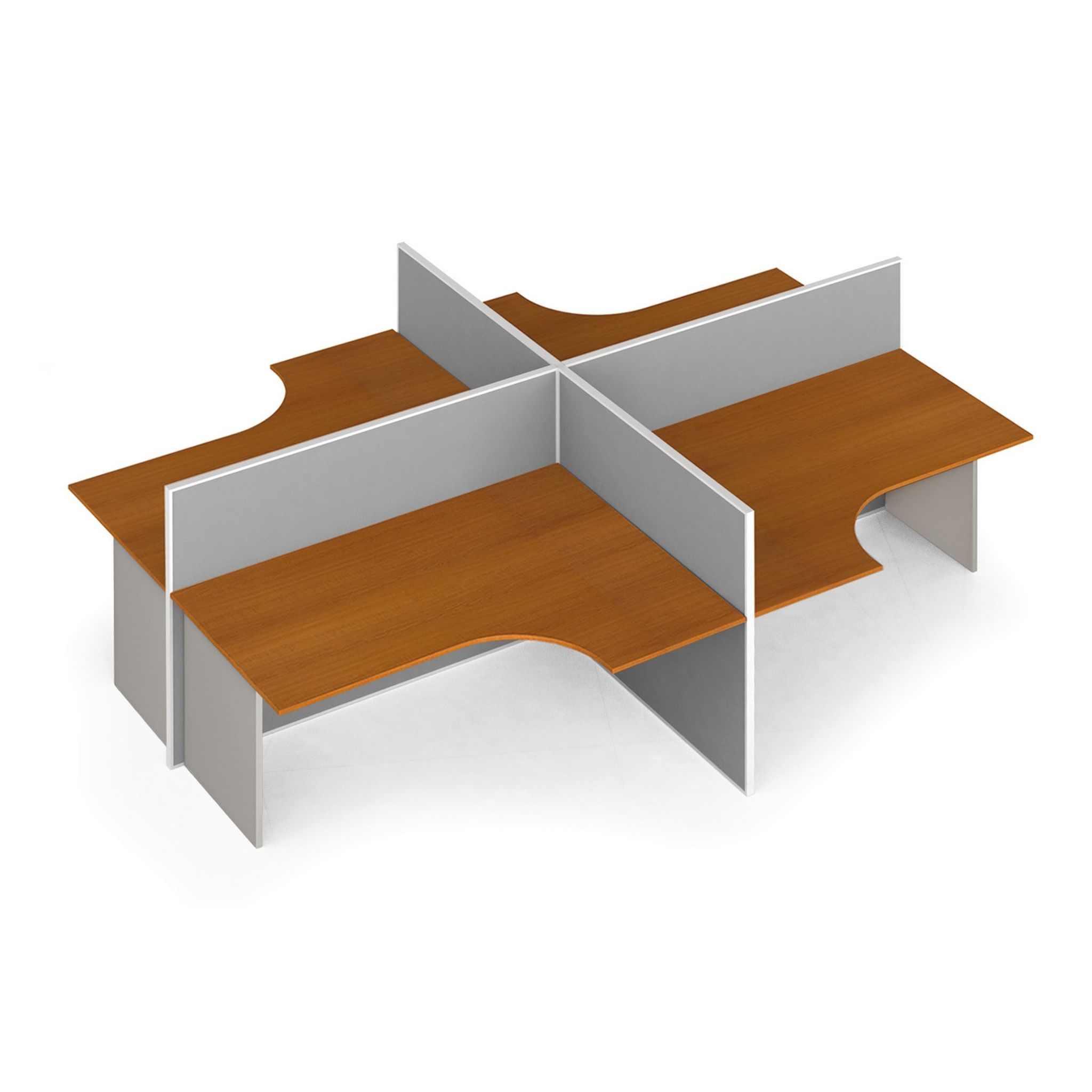 Ergonomischer Eckschreibtisch mit Magnettafel-Trennwänden, 4 Plätze, grau/Kirschbaum