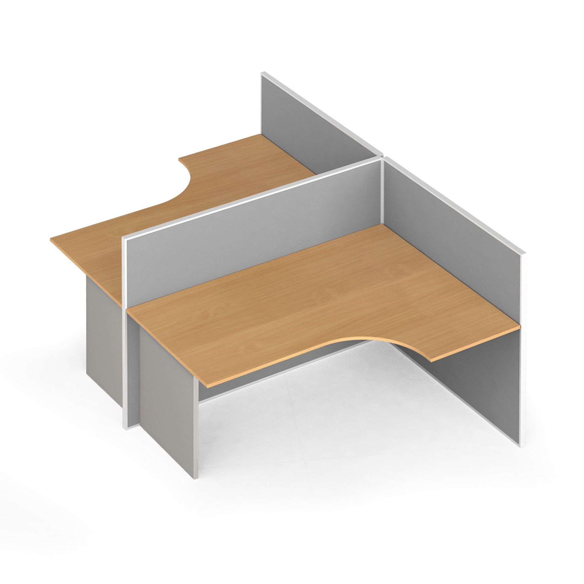 Ergonomischer Eckschreibtisch mit Textil-Trennwänden, 2 Plätze, grau/Buche