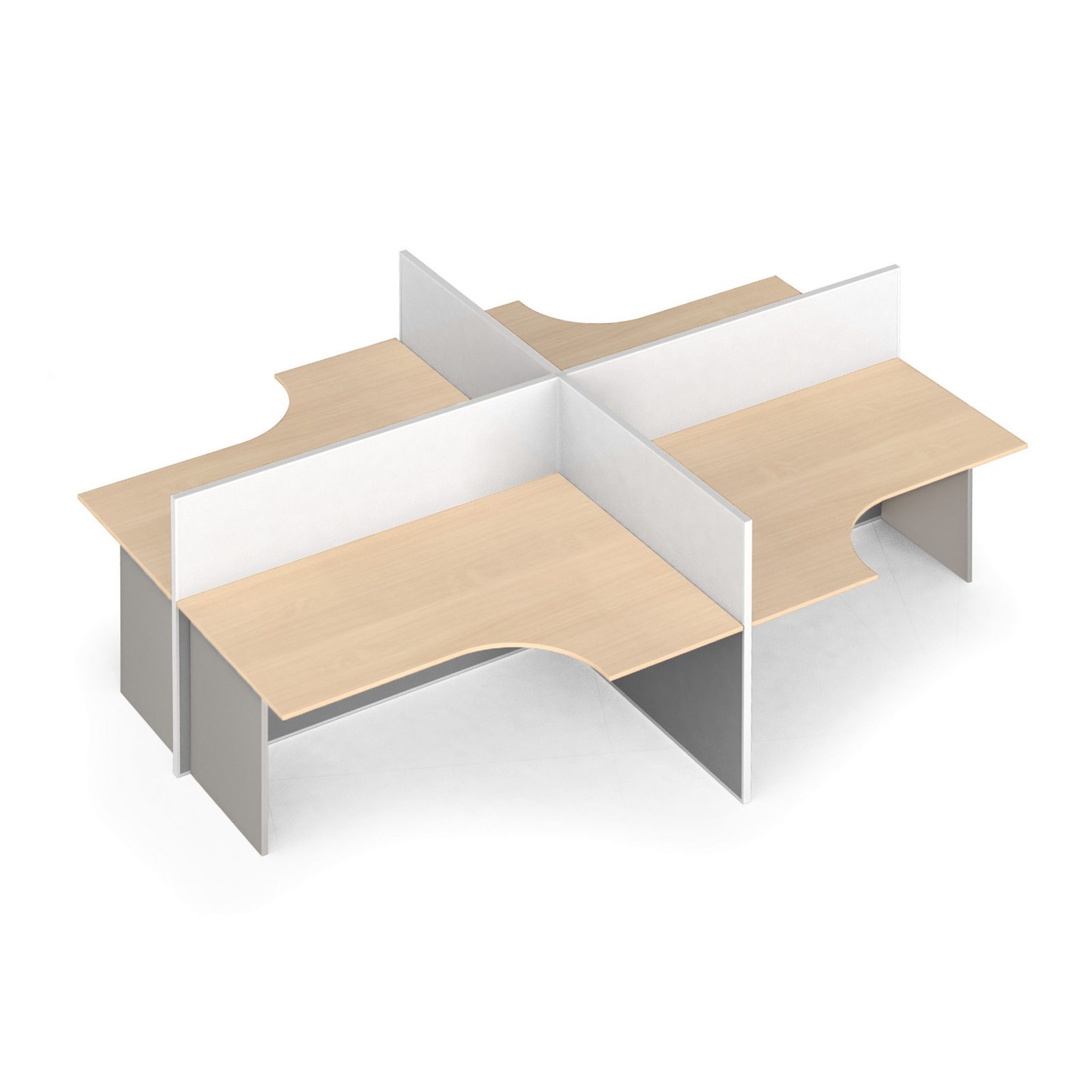 Ergonomischer Eckschreibtisch mit Textil-Trennwänden, 4 Plätze