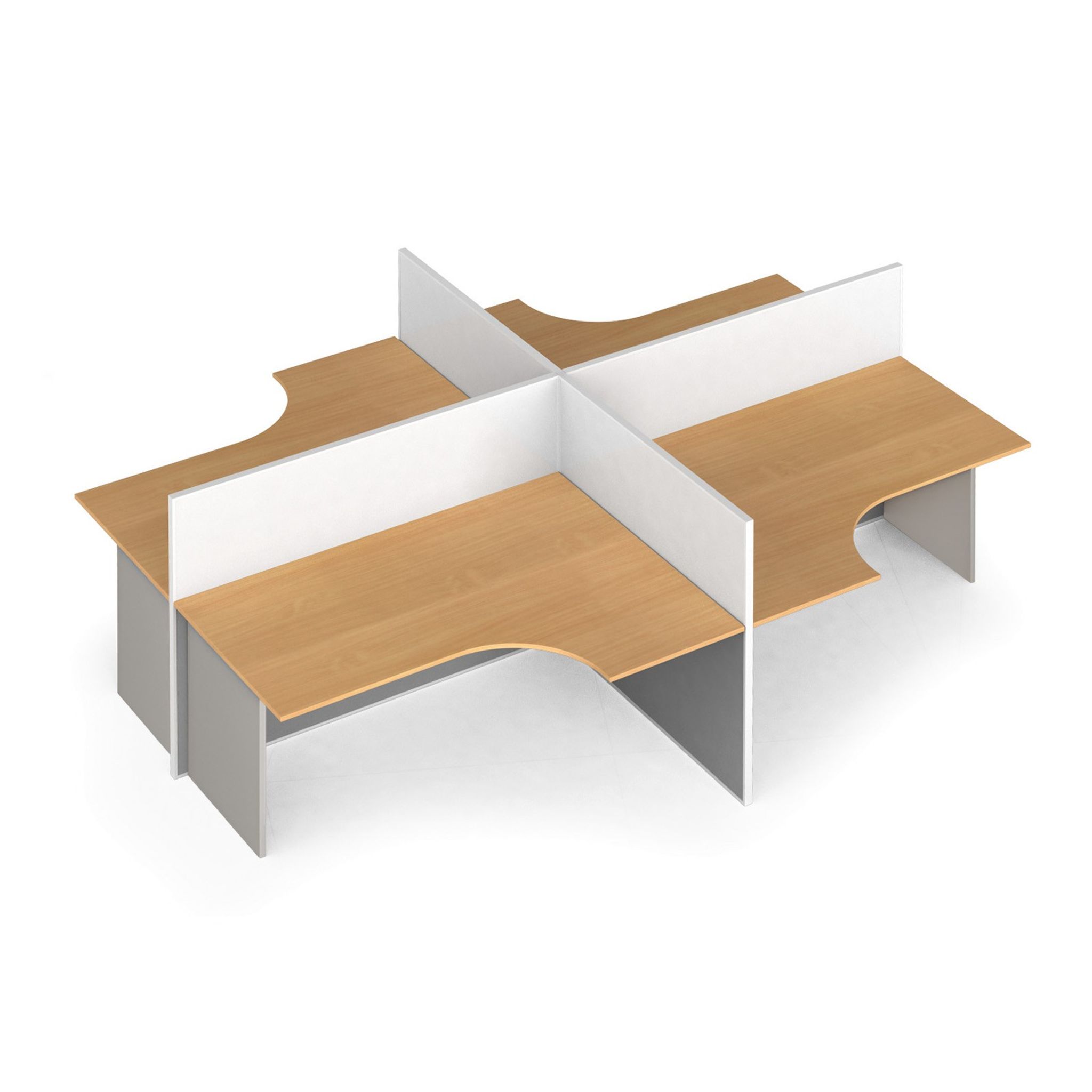 Ergonomischer Eckschreibtisch mit Textil-Trennwänden, 4 Plätze, grau/Buche