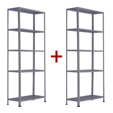 Fachbodenregal 1+1 GRATIS, 1760x750x300 mm, 5 Fachböden, Tragkraft 75 kg, RAL 7031