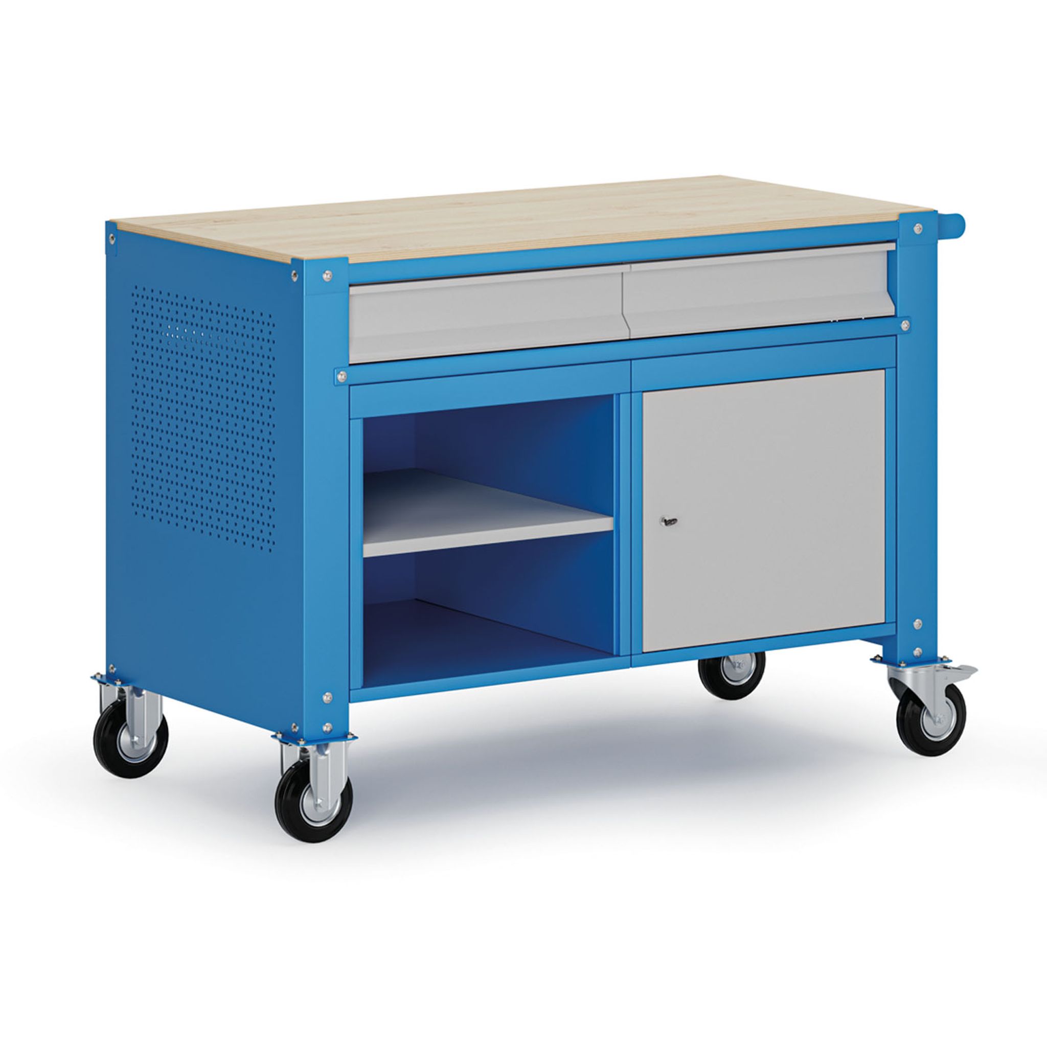 Fahrbare Werkbank G9, 1 Ablage, 1 Schrank, 2 Schubladen, 1180 x 595 x 865-1130 mm, grau/blau