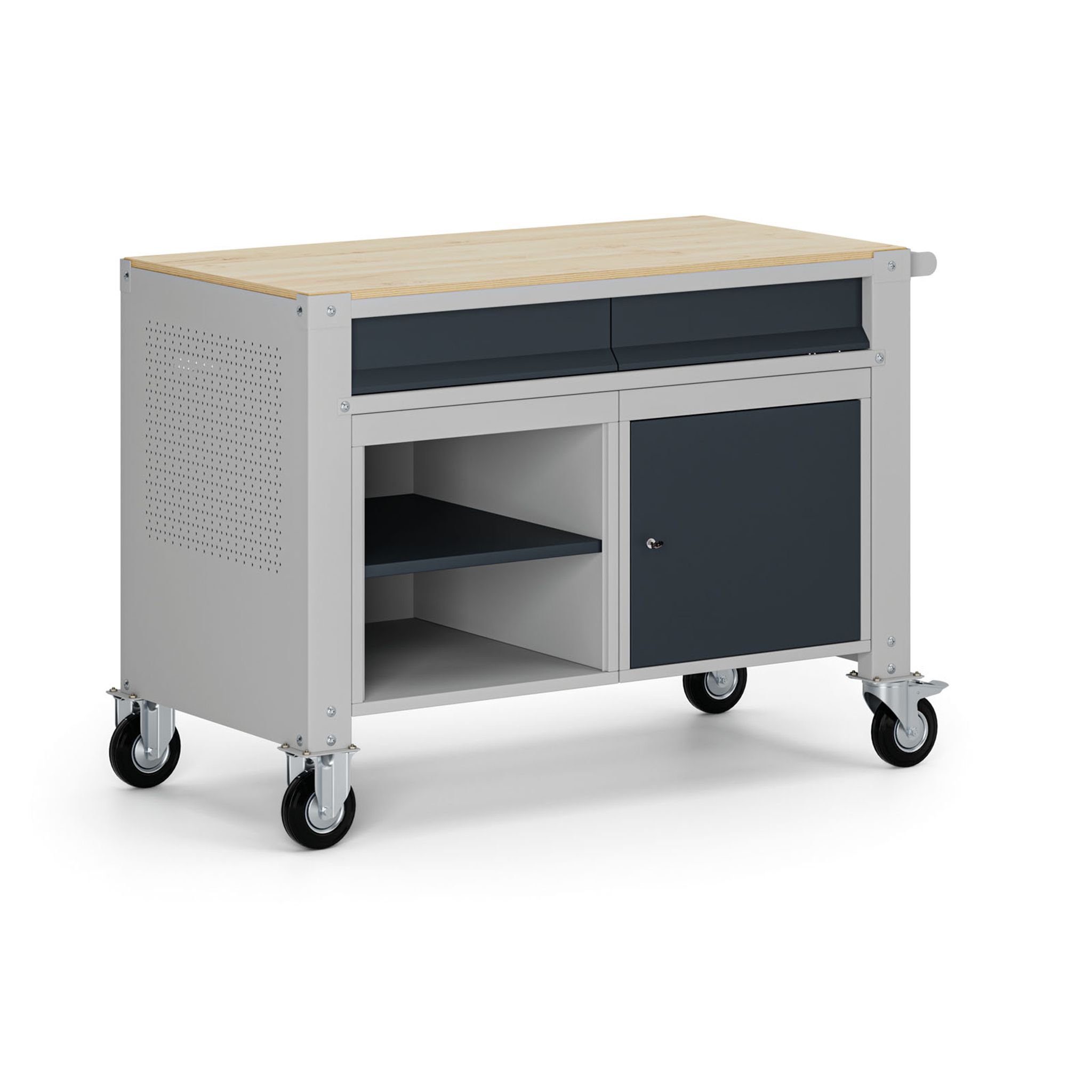 Fahrbare Werkbank G9, 1 Ablage, 1 Schrank, 2 Schubladen, 1180 x 595 x 865-1130 mm, grau/Graphit