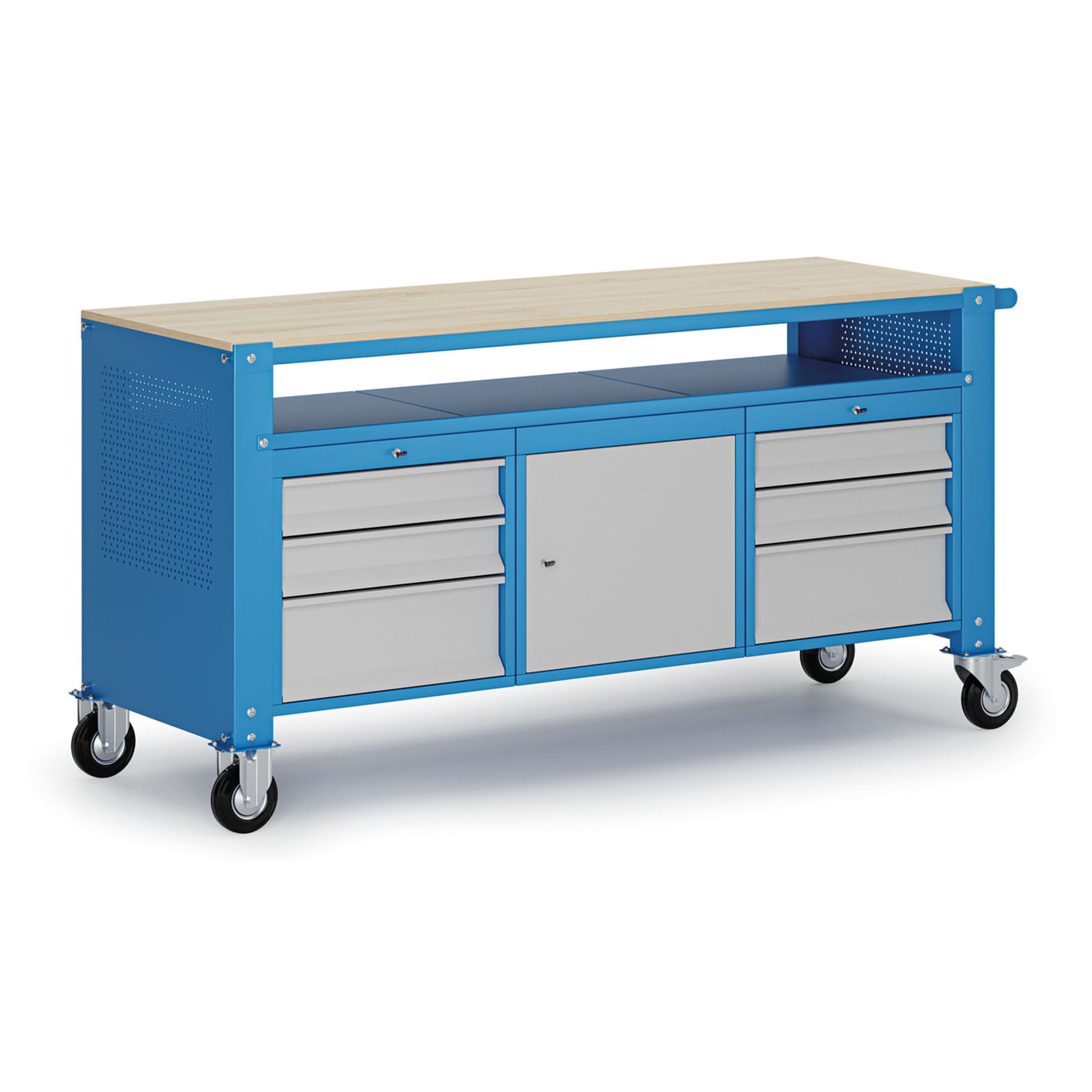 Fahrbare Werkbank G9, 1 Ablage, 1 Schrank, 6 Schubladen, 1690 x 595 x 865-1130 mm, grau/blau